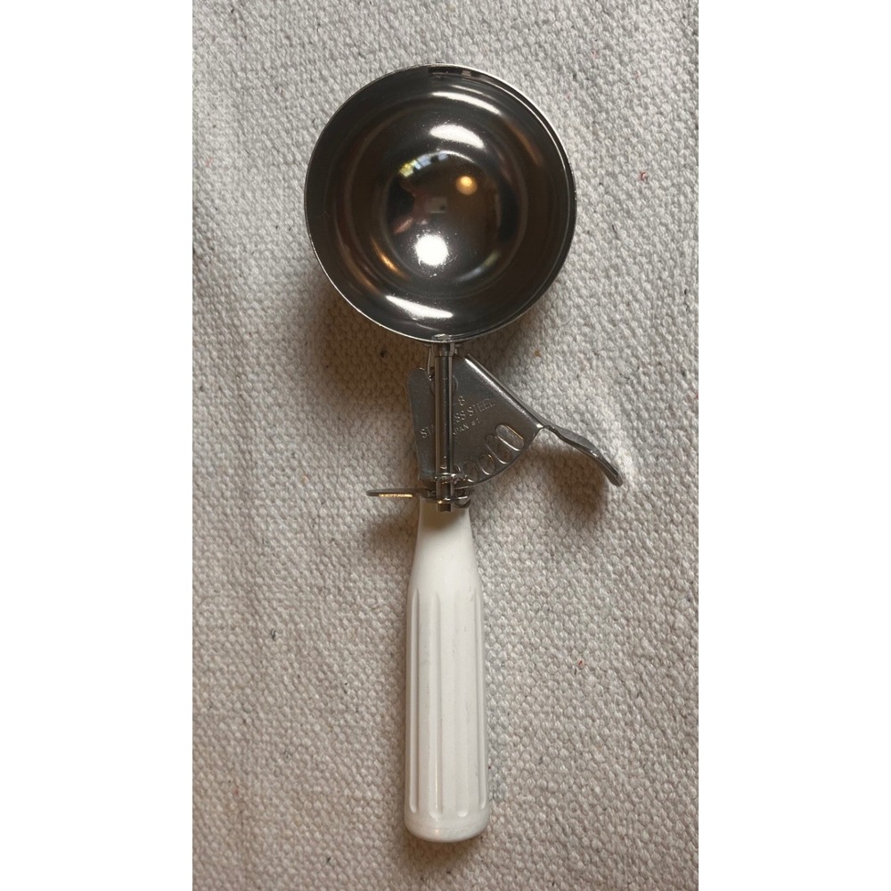 Vintage NSF #6 Stainless Steel Portion Scoop Disher White Handle